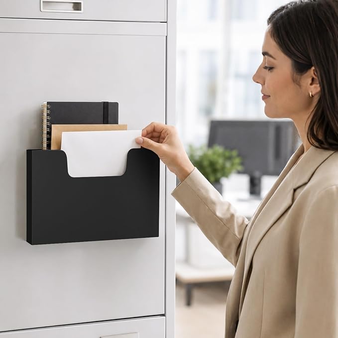 Marbrasse 2p Magnetic File Holder, Magnetic Hanging Wall File Organizer, Pocket Paper Magazine Mail Organizer for Refrigerator,Notebooks,Planners,Letter（Black）