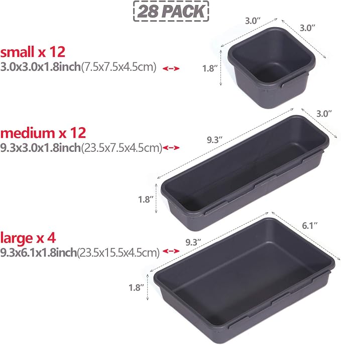 Set of 28 Interlocking Desk Drawer Organizer Tray Dividers Plastic Shallow Narrow Drawers Organizers Separators Storage Bins Container for Kitchen Bathroom Makeup Office Vanity Bedroom Dresser