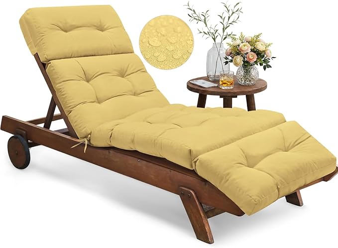 Outdoor Chaise Lounge Chair Cushion 74.4 x 22 x 4.7 Inches Memory Foam Lounge Chair Cushions Waterproof for Outdoor Furniture with Ties, Thickened Pool Chaise Lounge Chair Cushions, Khaki