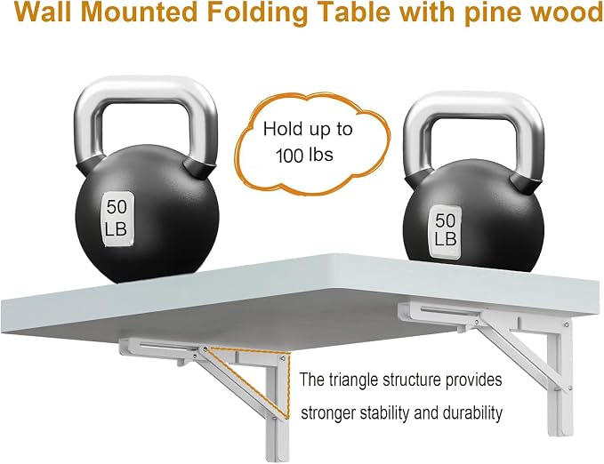 IAE Wall Mounted Folding Table with Pine Wood,24" x 14" Floating Wall Desk,Laundry Folding Table with Shelf Bracket,Fold Down Desk Shelf,Folding Workbench for Home,Dining, Laundry Room,Kitchen,White