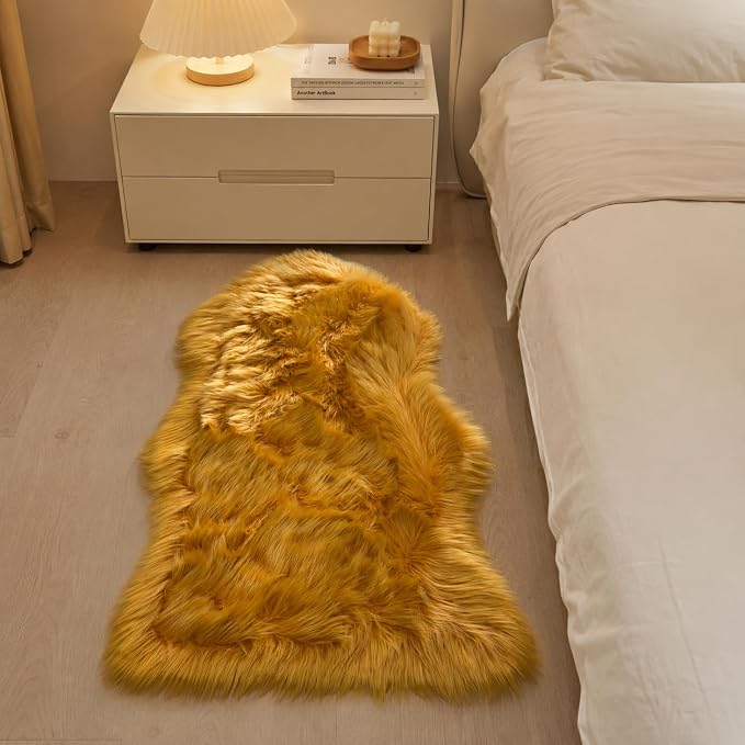 EasyJoy Faux Sheepskin Rug, Fluffy Faux Fur Rug, Ultra Soft Shag Area Rug with Non-Slip Backing for Bedroom, Living Room, Nursery, Kids Room(2 x 4 ft Sheepskin, Golden Yellow)