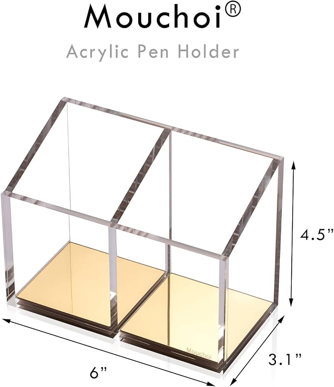 Mouchoi Modern Acrylic Pen Holder with 2 Compartments Gold Base, Multifunctional Pencil Holder for Desk Gold Mirror, Makeup Brush Holder, Marker Holder for Office, Classroom, Home