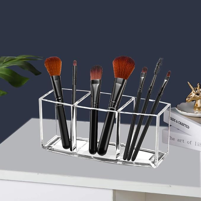 Acrylic Makeup Brush Organizer Holder Clear Cosmetic Brushes Storage with 3 Slots | 3 Slots
