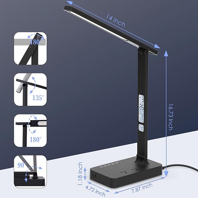 Power Strip with LED Desk Lamp: 2 Outlets 1 USB-A Ports 1 Type-C Ports 5 Modes & Color. Touch Small Desk Lamp for Home Office Bedroom Bedside, Study Reading Light, Dorm Room Essentials