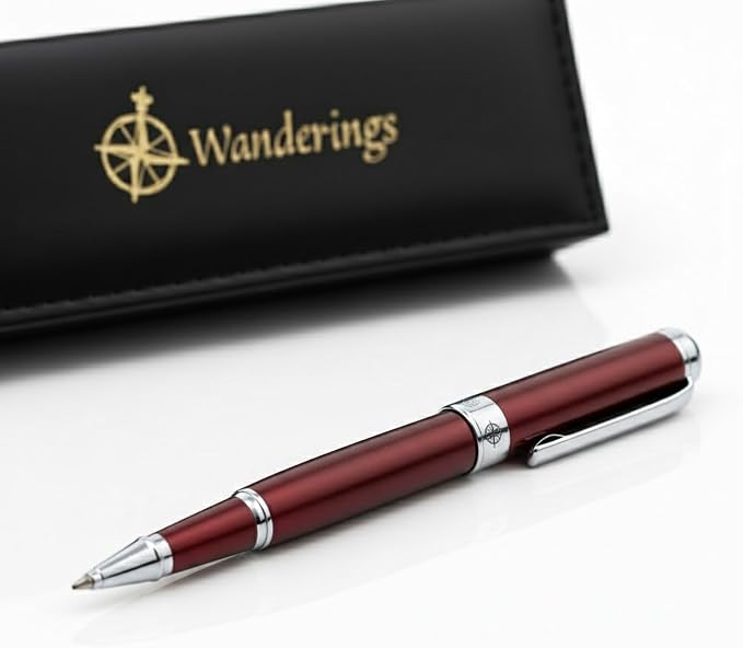 WANDERINGS Premium Rollerball Pen with German Ink – Perfectly Balanced for a Superb Writing Experience, Chrome Accents – Winefire Red - Includes a Schmidt Refill in a Giftable Presentation Case