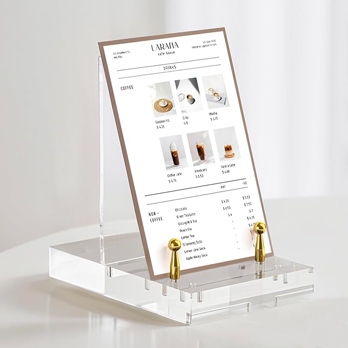Acrylic Easel Display Stand, Clear Table Easel Picture Frame Holder with Adjustable Tilt, Perfect for Phones, Art, Weddings, Office & Home Décor, Gold-1P