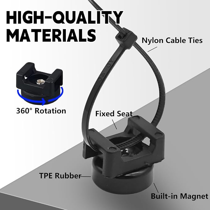 20PCS Magnetic Zip Tie Mount, Multipurpose Magnetic Cable Management Mount, 20 Mounts and 200 High Strength Nylon Cable Ties, Supplies for Organizing Cables and Wires (Vertical Load 7.5lbs)