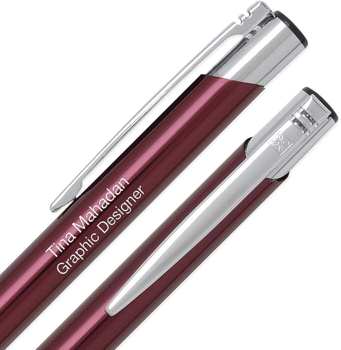 10 Custom Laser-Engraved Ballpoint Pen & Letter Slitter Gift Sets. Includes Case. Red Product Color with Silver Accents. Black Ink