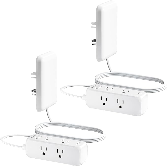 Olcorife Flat Extension Cord with Outlet Cover, Flat Plug Power Strip with 6 Outlets, 3 FT Cord Hidden Outlet Extender for Tight Spaces, Pack of 2