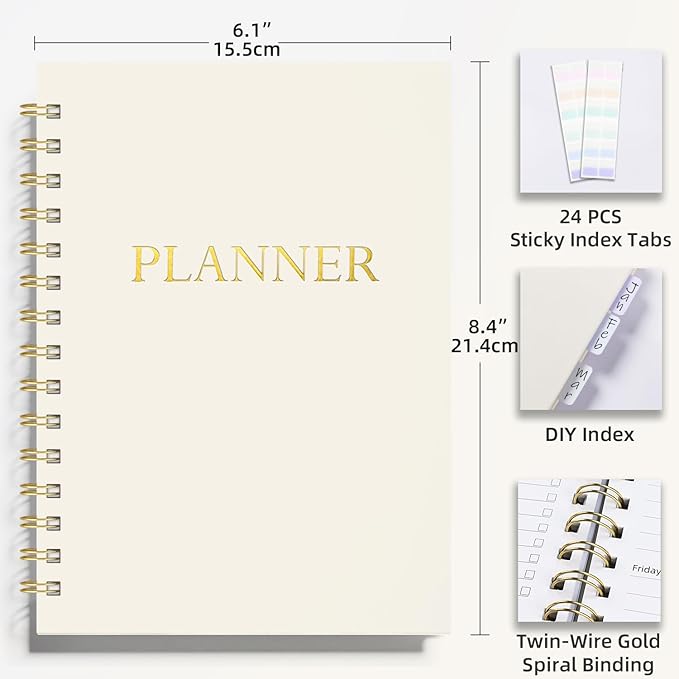 LONLAT Undated Weekly and Monthly Planner Spiral Bound- Weekly Goals Notebook, To Do List, Habit Tracker Journal, Academic, Aesthetic, Stylish School or Office Supplies (6.1" x 8.4" - Cream)
