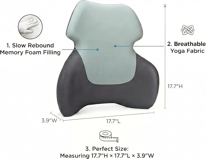 Back Support for Office Chair - Lumbar Support Pillow with Breathable Yoga Fabric - Memory Foam Back Support for Chair, Car & Gaming Seat