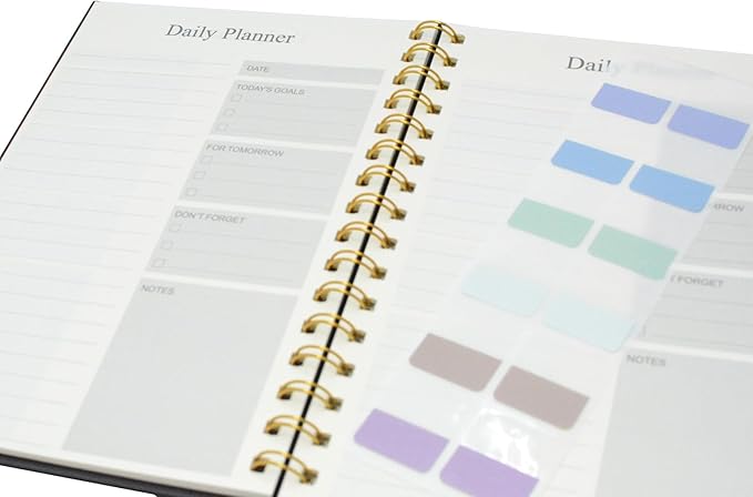Daily Planner Notebook Spiral To Do List Notepad Undated Planner with Sticky Tabs and Interior Pockets 5.9" x 8.3",140 Pages Easily Manage Your Tasks and Productivity (1pcs Black)