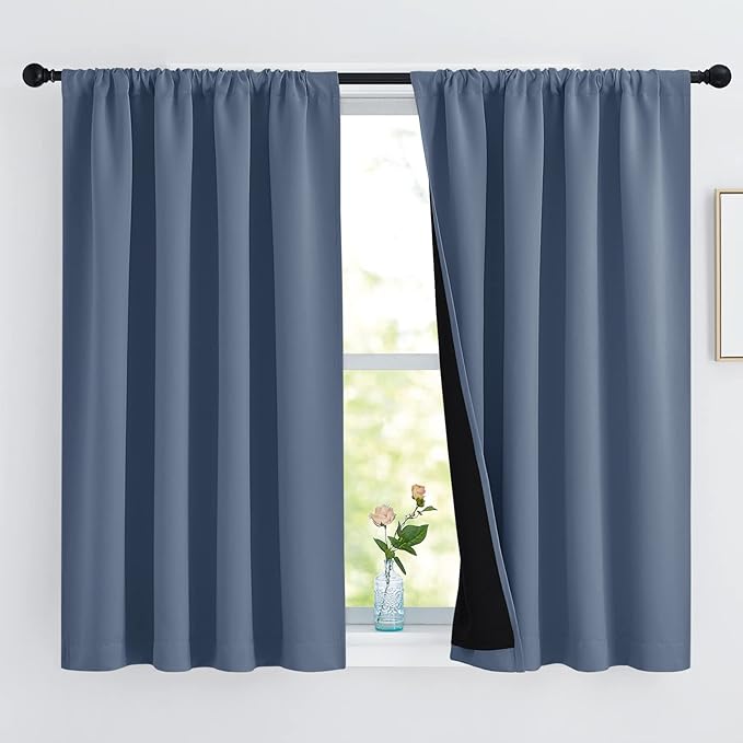 NICETOWN 100% Blackout Curtains with Black Liners, Thermal Insulated Full Blackout 2-Layer Drapes, Energy Efficiency Window Draperies for Boy's Room (Stone Blue, 2 Panels, 52 inches W by 54 inches L)