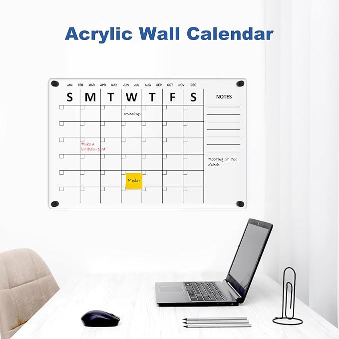 Large Acrylic Calendar for Wall, 24" X 16" Black Clear Acrylic Wall Calendar, Clear Wet & Dry Erase Calendar Hanging Frameless Monthly Planner for Office, Home or School, 2 Markers