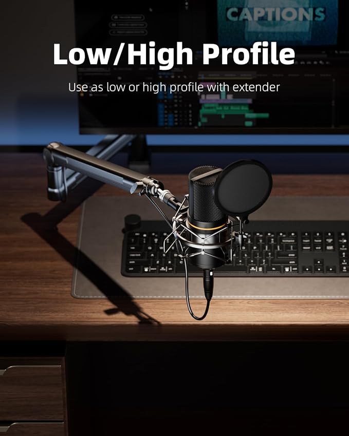 TODI Mic Stand Desk, Low/High Profile Mic Arm Bear 4.5LBS with Extension Riser, Adjustable All Metal Desk Microphone Stand with Cable Channel, Boom Arm Mic Stand with 3/8'' 5/8'' Interface