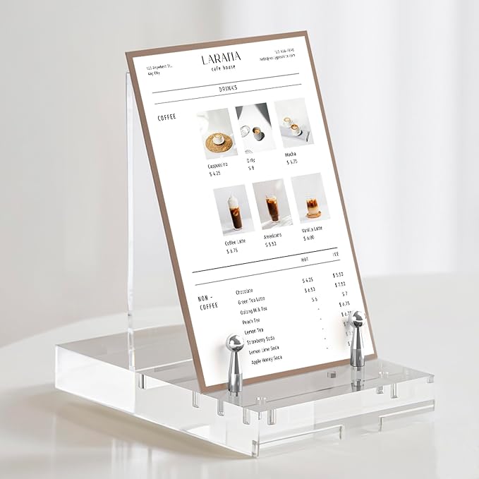 Acrylic Easel Display Stand, Compact and Versatile Stand with Adjustable & Elegant Pegs, Tabletop Stand for Photos, Phones, Art, and More, Silver-1P