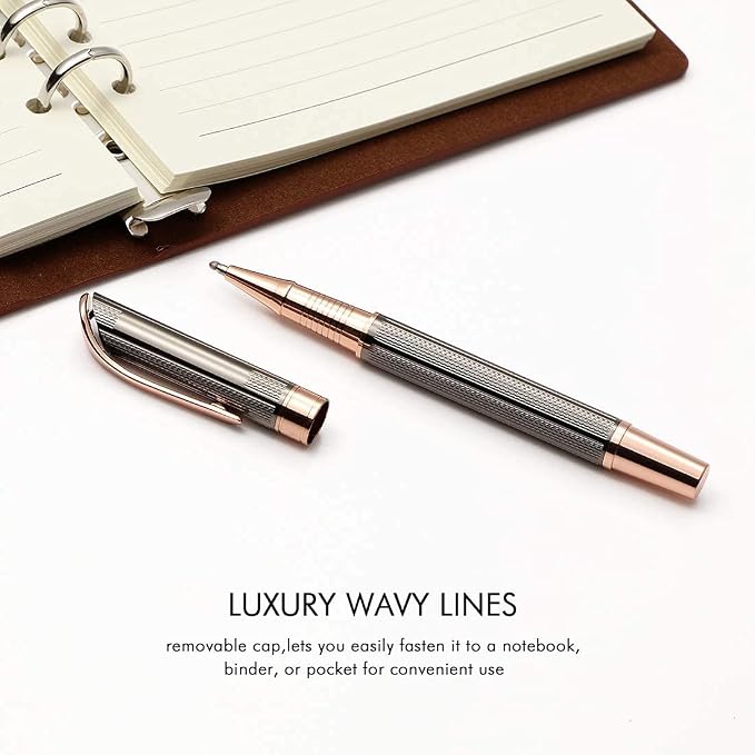 Ballpoint and Rollerball Pen Set, Stylish Line Engraved Metal Pen Elegant Smooth Writing Gift Pen (2 Pens with 2 Extra Refills)