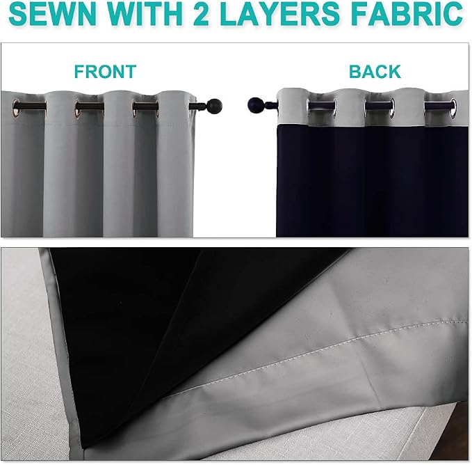 NICETOWN Extra Long Truly Blackout Drapes for Hall and Villa, 46-inch Width Each Panel, 45-inch Length, Silver Grey, 2 Pieces, 100% Blackout Window Curtains with Black Lined for Night Shift Worker