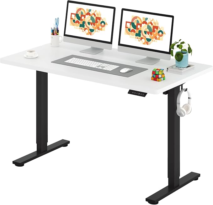 SANODESK One-Piece Electric Standing Desk, Seamless 55 x 28'' Ergonomic Height Adjustable Sit Stand Desk with Memory Presets for Home Office Computer Workstation, Black Frame/White Top