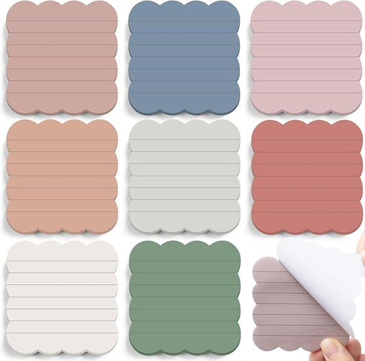 Eaasty 8 Pack Scalloped Aesthetic Sticky Notes Bulk Vintage Colors Cute Wavy Self Sticky Note Pads 3" x 3" Lined Note Pads for Back to School Office Supplies 240 Sheets