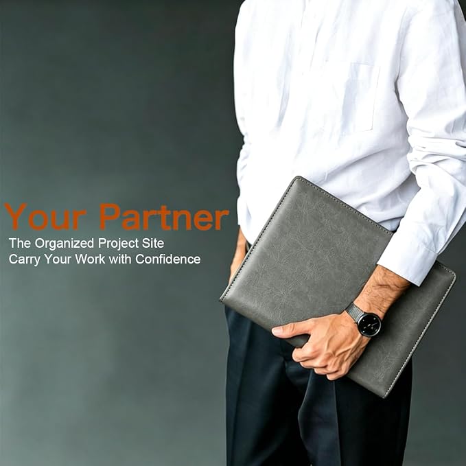 Padfolio Portfolio Binder, Faux Leather Folder, Resume Interview Legal Document Organizer, Letter Sized Writing Pad w/Business Card Holder, A4 Professional Folio for Office Conference (Grey)