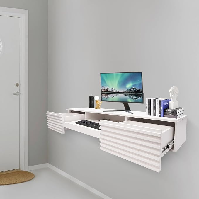 Wall Mounted Computer Desk with Drawer, Wall Mounted Desk Floating Computer Desk, 60 Inch Modern Hanging Desk Wall Organizer Table, Use for Work Platform, Organizer, and Space-Saving Desk (White)