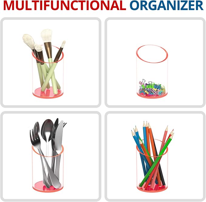 KOTEMON Pen Holder for Desk Organizer, Acrylic Makeup Brush Organizer Sanitizer Holder Pen and Pencil Holder for Office, Home, School, Neon Pink