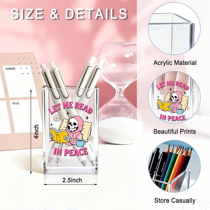 Let Me Read In Peace Acrylic Pencil Pen Holder Cup, Reading Book Club Makeup Brush Storage Organizer, Cute Bookish Desk Accessories Holder Gifts for Daughter Reader Librarian Teacher Holders