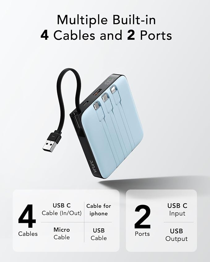 VRURC 20000mAh Portable Charger Fast Charging with Built-in 4 Cables(1Pack) | Travel Essentials, 22.5 W Battery Pack, Power Bank for iPhone 17/16/15 Series, Samsung Galaxy Series, Phone, Blue