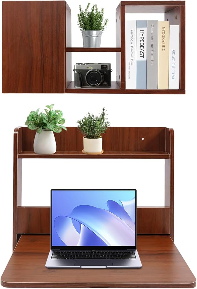 Floating Desk, 24" Wall Mounted Folding Desk with Bookshelf Folding Wall Desks Space Saving Workstation with Storage Shelves for Home Office Bedroom Study Room Small Space