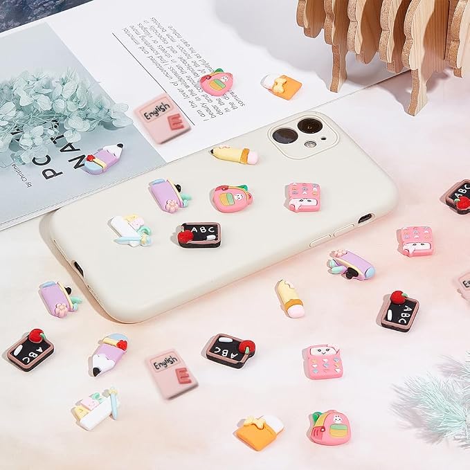 SUNNYCLUE 100Pcs 10 Styles School Cabochons Resin Charms Back to School Supplies Pencil Eraser Blackboard Ruler 3D Cabochons for Embellishments Flat Back Scrapbooking Hair Clips DIY Crafts for Adult