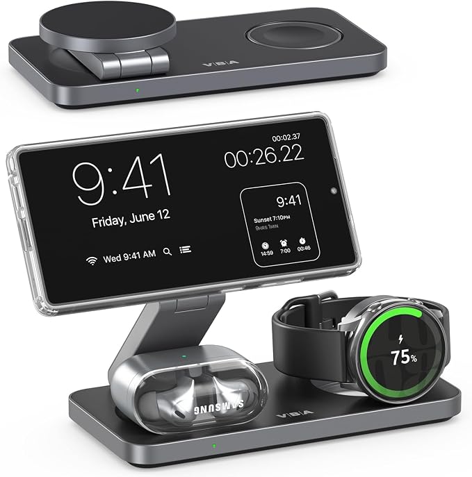 3 in 1 Foldable Magnetic Wireless Charging Station for Samsung, Wireless Charger Stand for Galaxy S26 Ultra S25/S24 /Note 20/Flip 7/Fold 7, for Galaxy Watch Ultra/8/7/6,Galaxy Buds 3/3 Pro