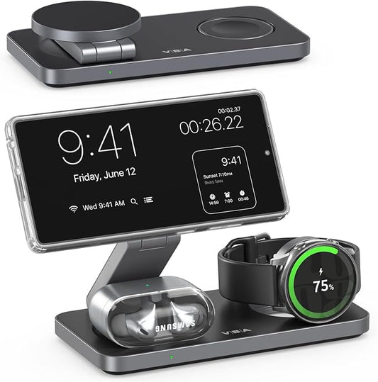 3 in 1 Foldable Magnetic Wireless Charging Station for Samsung, Wireless Charger Stand for Galaxy S26 Ultra S25/S24 /Note 20/Flip 7/Fold 7, for Galaxy Watch Ultra/8/7/6,Galaxy Buds 3/3 Pro