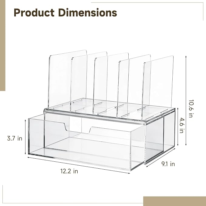 Desk Organizers and Accessories, Clear Acrylic Desktop Organizer with Drawer & Vertical Slots, Modern Office Supplies Organization Storage for Home, Office