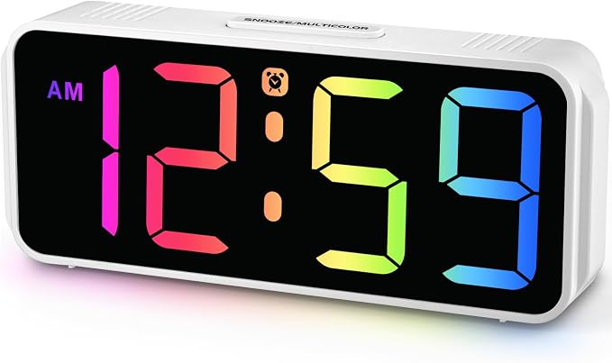 Peakeep Small Cute Digital Alarm Clock Plug in for Kids Bedroom Bedside | 8 Colorful Colors Large Display, Dimmable 6 Brightness, Corded Electric Battery Backup (White - RGB)
