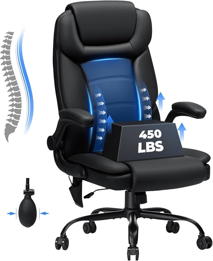 HOFFREE Executive Office Chair with Adjustable Lumbar Support,450lbs Heavy Duty Big & Tall PU Leather Ergonomic Desk Chair with Flip-up Armrests, Comfy Computer Chair for Home Office,Black