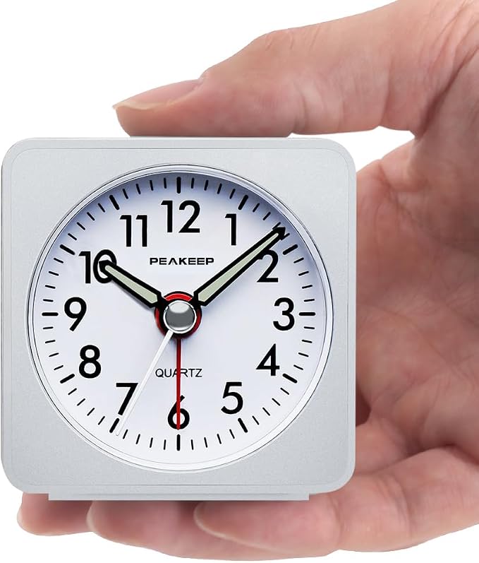 Peakeep Ultra Small, Battery Travel Alarm Clock with Snooze and Light | Silent No Ticking Analog Quartz Clock (White)