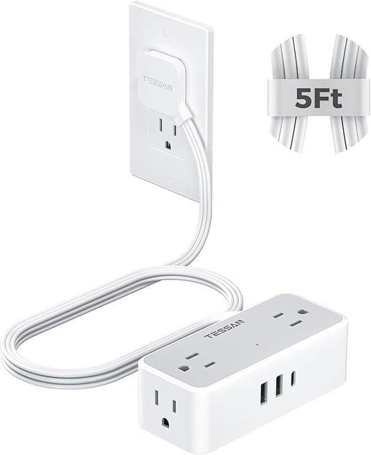 TESSAN Flat Plug Extension Cord 5 FT, Surge Protector Power Strip with 4 AC Outlets 1 USB C and 2 USB A Ports, 900 Joules Protection, Multiple Wall Outlet Extender Suitable for Office Dorm, Grey