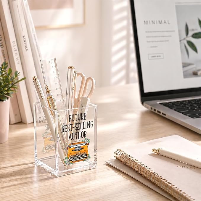 Funny Future Best-Selli Author Acrylic Pencil Holder Cup for Writer | Typewriter Pen Holder Home Office Desk Organizer, Inspirational Gifts for Authors Novelist Book Lover, Desk Accessories