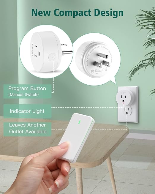 Remote Control Outlet, Wireless Wall Mounted Light Switch, 15A/1500W Remote Outlet for Light & Small Electrical Appliance, 300 Feet RF Range, Anti-Surge 4000V, 1 Remote and 2 Outlets