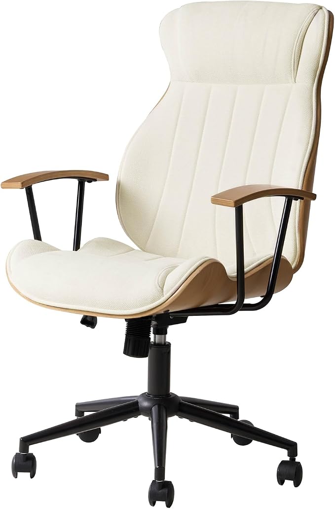 HULALA HOME Solid Wood Office Chair with High Backrest, Ivory | Mid Century Modern Bentwood Desk Chair with Tilt Function, Swivel Fabric Computer Task Chair, Height Adjustable, Metal Base