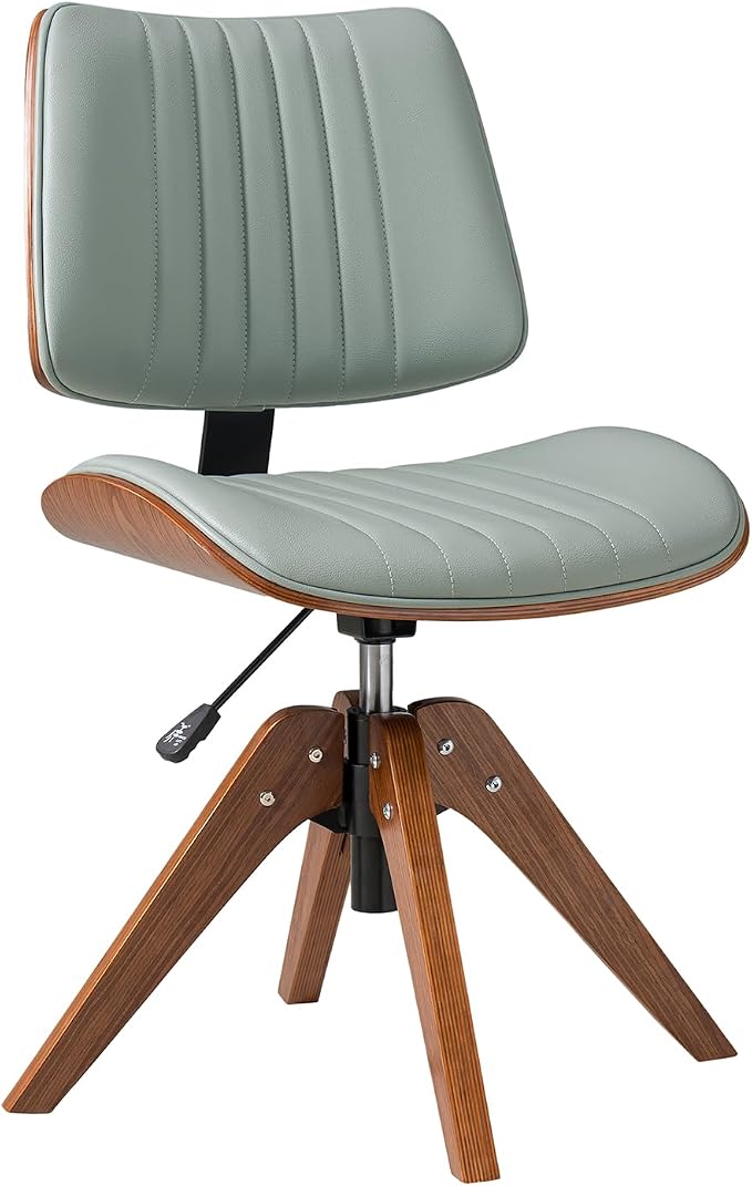 HULALA HOME Faux Leather Home Office Desk Chair No Wheels, Sage | Mid-Century Modern Desk Chair with Wood Legs, 360° Swivel Computer Task Chair with Channel-Tufted Backrest, Height Adjustable