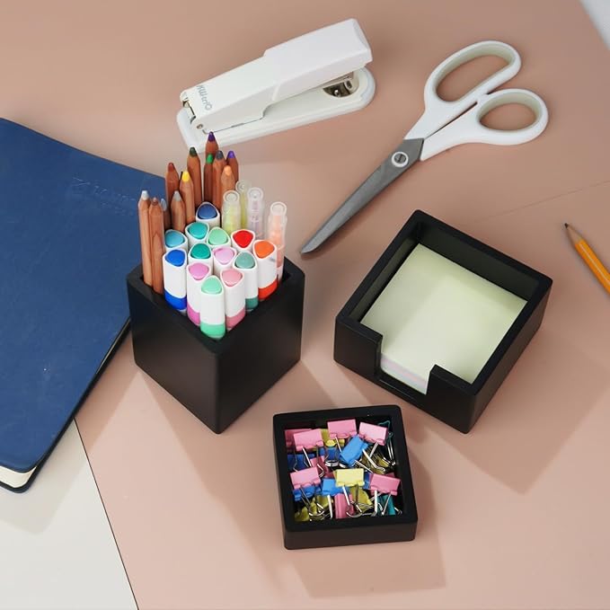 RAWILL 3 PCS Black Wooden Desk Organizer Set, Pine Wood Office Desk Accessories with Pen Holder, Paperclip Storage and Sticky Note Holder,Wood Grain Clear, Ideal Gift for Office and Family