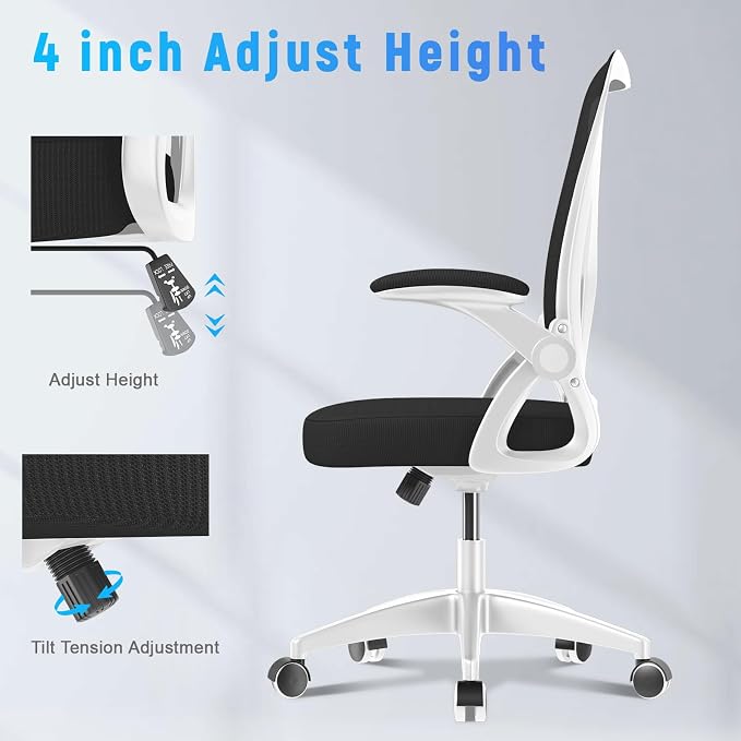 naspaluro Home Office Desk Chair Mid Back with Adjustable Height WhiteFrame | Comfy Ergonomic Chair with Flip-Up Arm and Lumbar Support, Breathable Mesh Swivel Computer Chair for Study Working Teacher