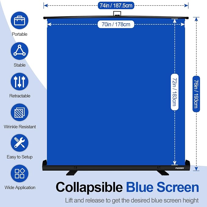 Blue Screen, Collapsible Chromakey Backdrop Retractable Photo Background | 74 x 76in Portable Chroma Key Panel, Wrinkle Resistant, Pull Up, Video Conference, Live Game, Streaming, Photographic Studio