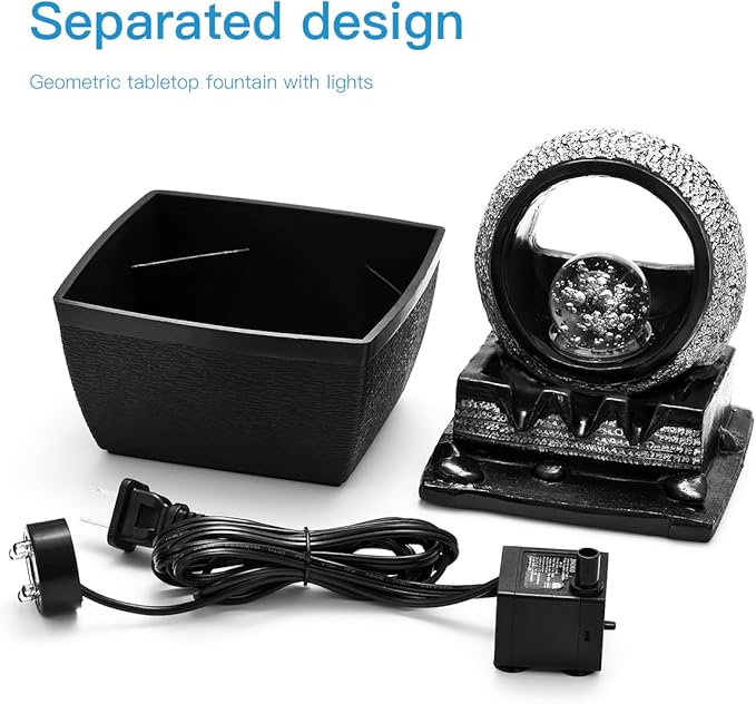 Tabletop Water Fountains, 3 Gears Desktop Fountain Indoor with Led Rolling Ball, Table Top Small Water Feature Interior Zen Relaxation Decor for Home Bedroom Living Room Office Apartment