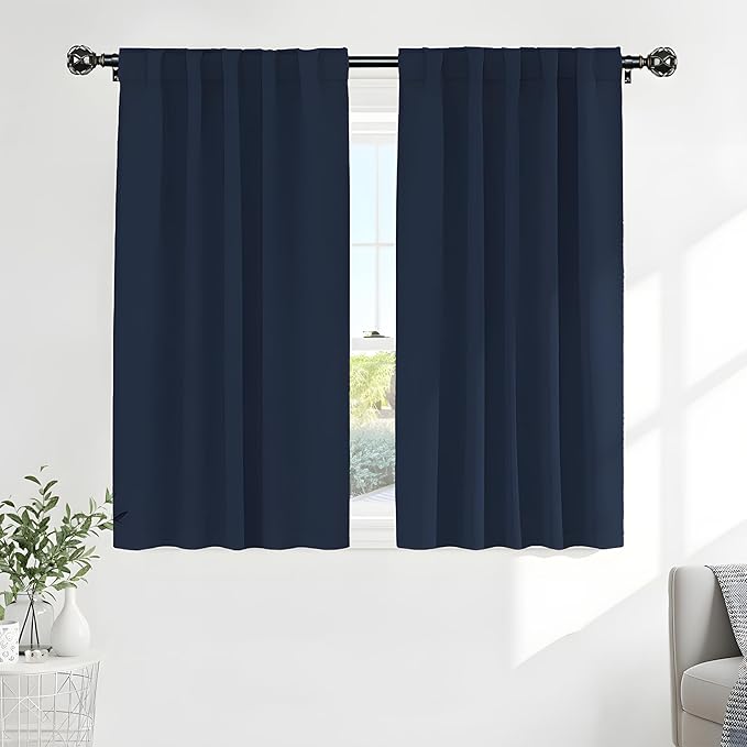 PONY DANCE Black Out Curtains 48 inch Long for Short Small Window, Rod Pocket and Back Tab Thermal Insulated Room Darkening Curtains for Kitchen/Cabinet/Basement(2 Panels, W42 x L48 inch, Navy Blue)