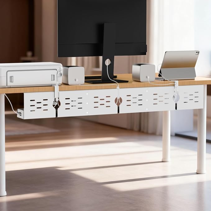 Univivi Under Desk Cable Management Tray, Cable Management, 48 inch, White | Durable Steel Material, Cord Organizer with No-Drill C-Clamp and Screw Mount, Effortless Wire Management for Office/Home