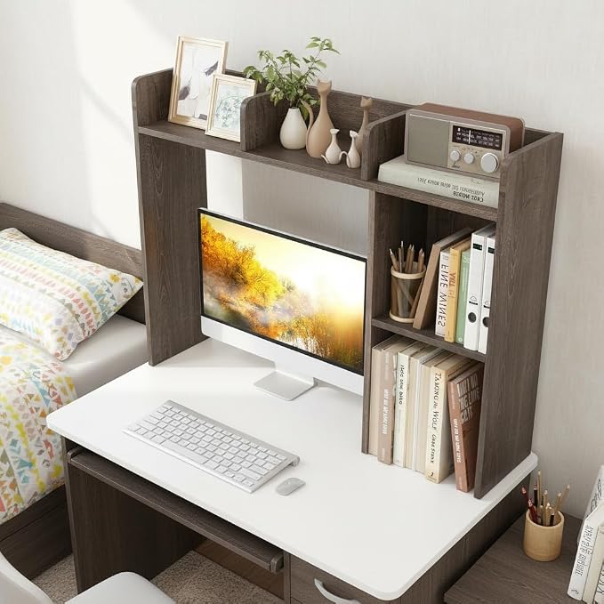 Tangkula Desktop Bookshelf, Countertop Storage Hutch with Shelves for Computer Desk, Desk 3-Tier Display Rack, Multipurpose Wood Desktop Hutch Storage Organizer for Dorm Office