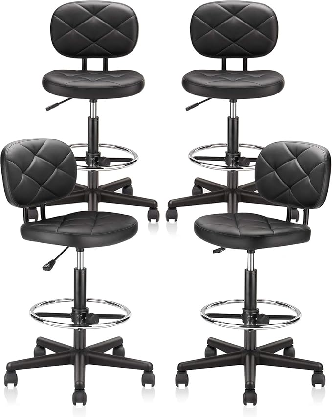 KLASIKA Tall Drafting Rolling Stool Chair with Low Back Support and Adjustable Foot Rest Ring Set of 4 PU Leather Vinly Wide Seat Swivel Standing Desk Chair for Office Home 4 Pack